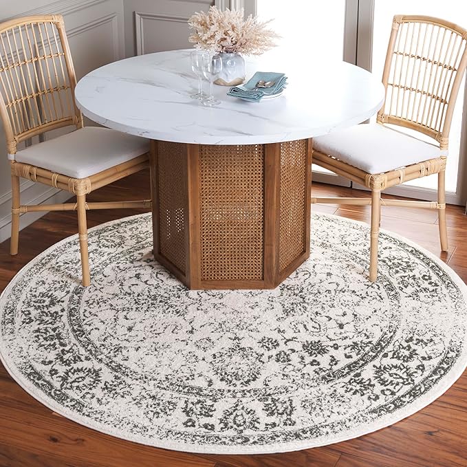 SAFAVIEH Adirondack Collection Area Rug - 4' Round, Ivory & Dark Green, Distressed Vintage Floral Design, Non-Shedding & Easy to Clean, Ideal for Living Room, Bedroom, Dining Space (ADR109X)