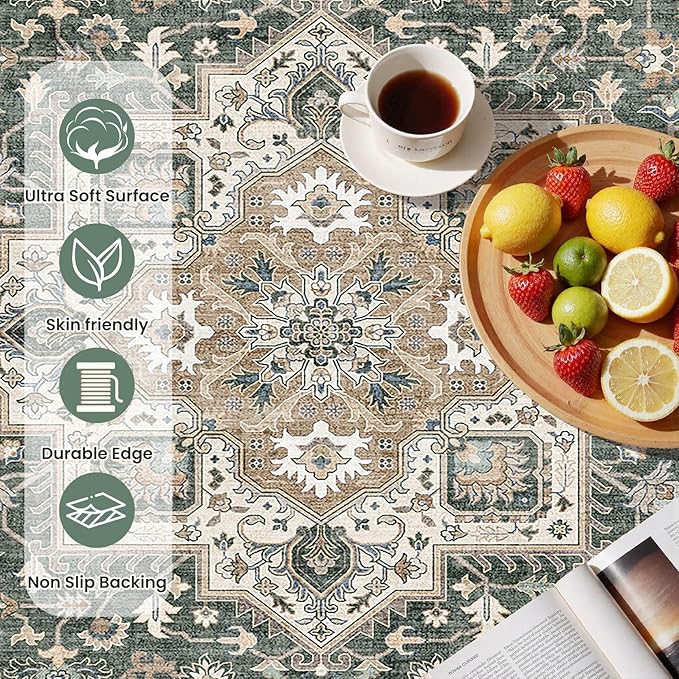 Vintage Living Room Area Rug 3x5 - Large Soft Washable Oriental Traditional Distressed Farmhouse Rugs for Bedroom - Indoor Floor Accent Carpet for Home Office House Decor - Vintage Green