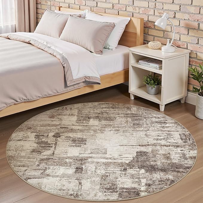 Abstract Living Room Rug Round 6FT - Modern Washable Soft Thin Area Rug for Living Room Bedroom Under Dining Table - Neutral Indoor Floor Rug Carpets for Home Office Playroom Nursery - Brown