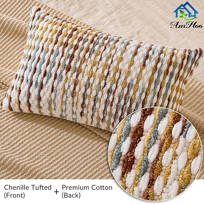 AmHoo Boho Chenille Pillow Cover Decorative Tufted Pillowcase for Couch Bed Sofa Bedroom Living Room Modern 12 x 20-Inch Brown
