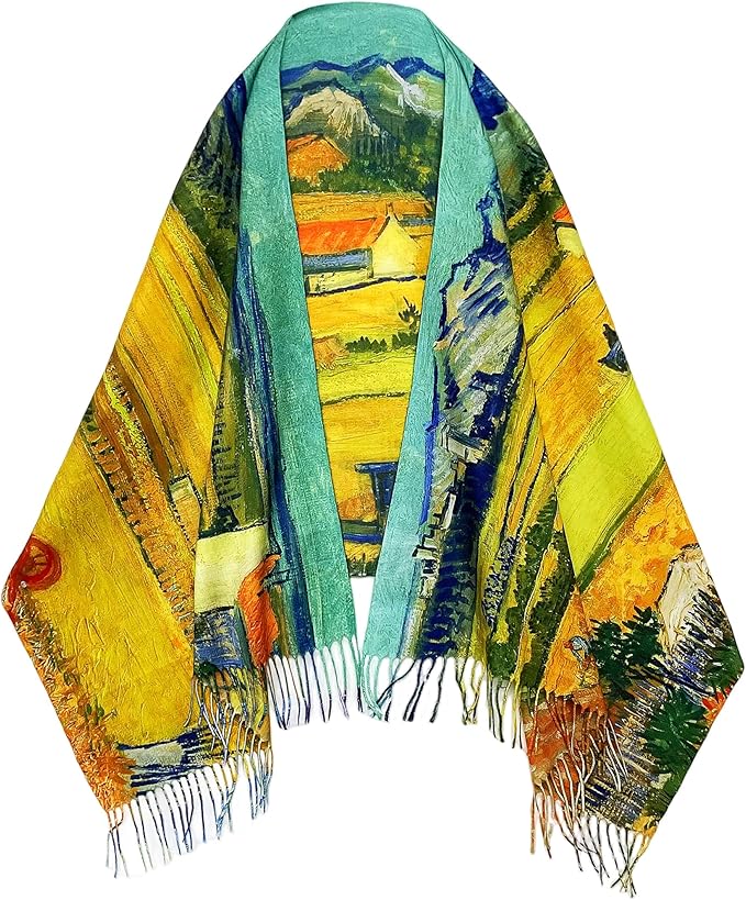 VENVSBEE Reversible Scarf Soft Large Shawl Wrap Blanket Double Sided Art Print Warm Pashmina Stoles Klimt Van Gogh Gifts