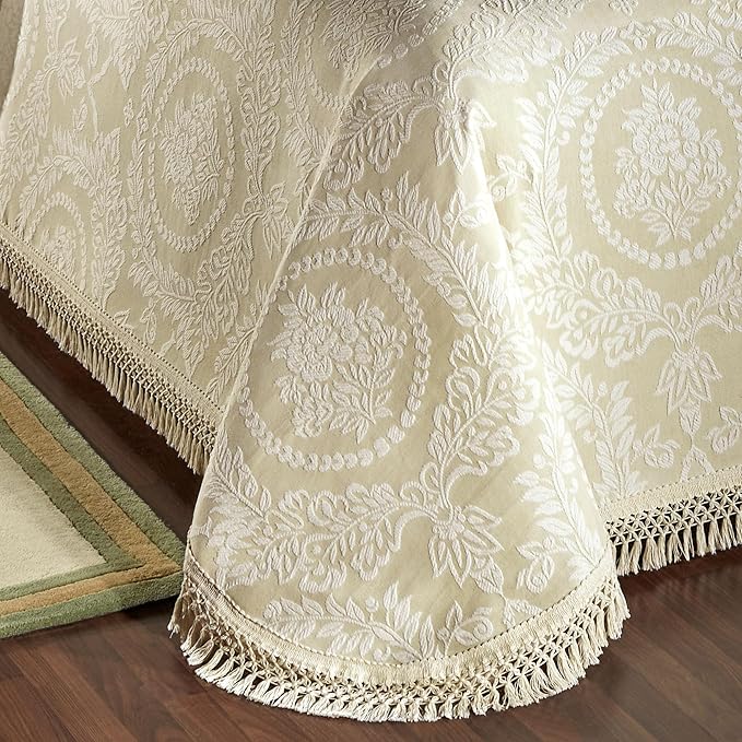 Timeless Vintage Style Bedding with Fringe Edges | Neutral Sage and Ecru | Textured Matelasse Rose Medallions and Leaves | 5 Piece Lightweight Bed Set: Oversized King Bedspread & 4 King Pillow Shams
