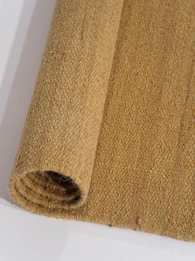 Rugsotic Carpets Hand Woven Flat Weave Kilim Wool ECO-Friendly Area Rugs - 9'x12', Rectangle Shape, Gold Color, Solid Plain Design, Low Pile Handmade Area Rugs for Living Room, Bed Room (D00111)