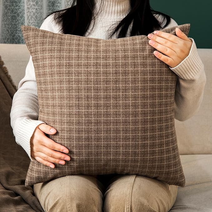 Tweed Throw Pillow Covers Woolen-Style Fabric Square Pillow Cases for Farmhouse Cushion Case and Home Sofa Couch Decor Pack of 2,18x18 Inch Senior Brown Plaid