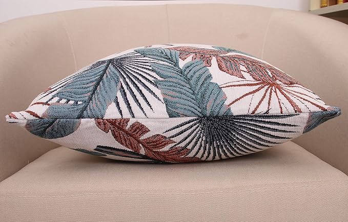 Yeiotsy Throw Pillow Cover, Tropical Leaf Decorative Cushion Case Thick Jacquard Chenille (Teal & Red, 18 x 18 Inches)