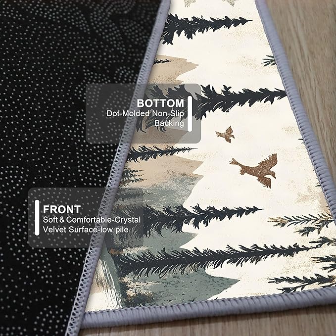 Retro Bear Claw Mountain Runner Rug 2x8ft with Elk Cabin - Non-Slip Bohemian Rug, Washable Floor Mat for Balcony Corridor, River Landscape Art