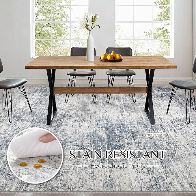 Abstract Living Room Rug 9x12 - Modern Washable Soft Thin Area Rug for Living Room Bedroom Under Dining Table - Neutral Indoor Floor Rug Carpets for Home Office Playroom Nursery - Blue Grey