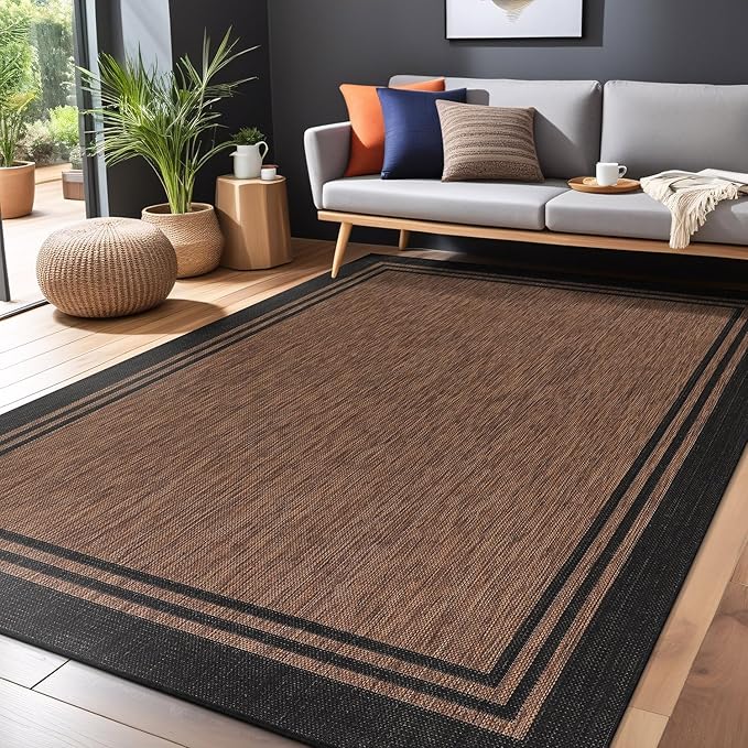 Bordered Outdoor Rug 5x7 Washable Outside Carpet for Indoor Patio Porch Waterproof Easy Cleaning Non Shedding Area Rugs Nut Brown 5 x 7
