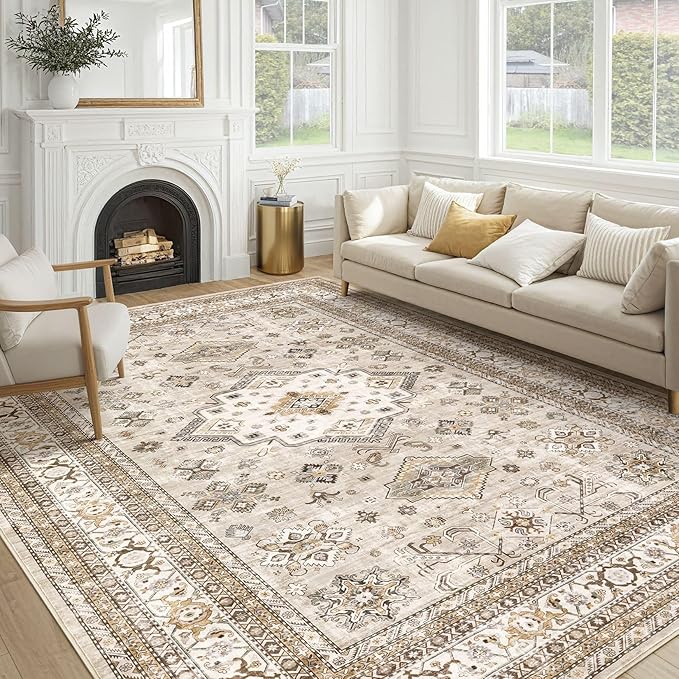 Vintage Living Room Area Rug 10x14 - Large Soft Washable Oriental Traditional Distressed Farmhouse Rugs for Bedroom - Indoor Floor Accent Carpet for Home Office House Decor - Beige