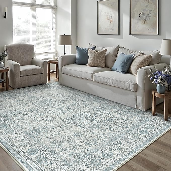 Vintage Area Rug 8x10 Blue Washable Living Room Large Carpet Non Slip Bedroom Indoor Office Low Pile Traditional Distressed Retro Accent Rug for Dining Room