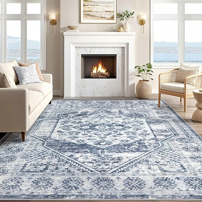 Vintage Living Room Area Rug 8x10 - Large Soft Washable Oriental Traditional Distressed Farmhouse Rugs for Bedroom - Indoor Floor Accent Carpet for Home Office House Decor - Distressed Blue