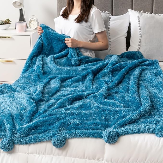 Pavilia Teal Sherpa Throw Blanket for Couch, Warm Plush Pom Blanket Throw, Blue Fuzzy Sofa Throw, Lightweight Soft Cozy Fluffy Blanket with Poms, Turquoise, 50x60