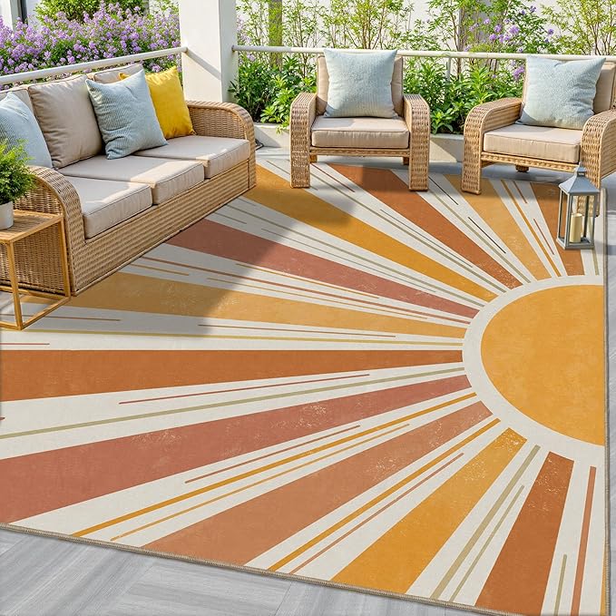 Outdoor Indoor Area Rug Boho Sun Washable Outdoor 8x10 Patio Rugs Medieval Aesthetic Vintage Abstract Art Non-Slip Carpet for Living Room, Patio, Porch, Pool Deck (8x10)