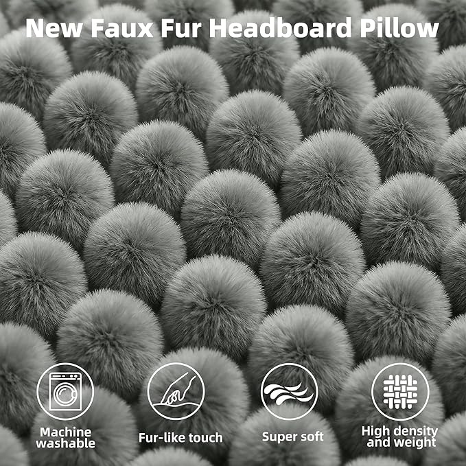 Faux Fur Headboard Pillow Twin Size, Triangular Wedge Backrest with Removable Head Roll & Side Pocket, 100% Linen Reading Pillow for Bed, Couch, Floor - Ergonomic Support for Neck, Back, Dark Grey