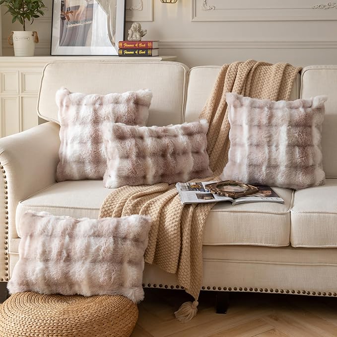 Pack of 2 Thick Plush Throw Pillow Covers Fluffy Wave Faux Fur Decorative Cushion Covers Soft Wool Pillowcase for Sofa Couch Livingroom 16x16 Inch White Taupe