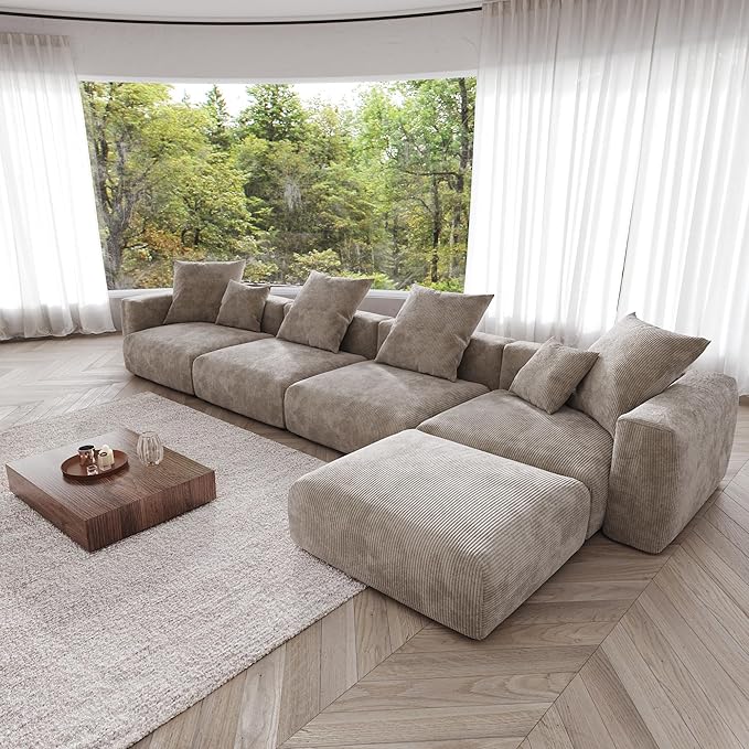 JACH 181" Oversized Modular Sectional Sofa, Deep 4-Seats Sectional Couch with Chaise Ottoman, Huge Plus Convertible Sofas, Corduroy Minimalist Couches for Living Room, Office, Apartment, Light Brown