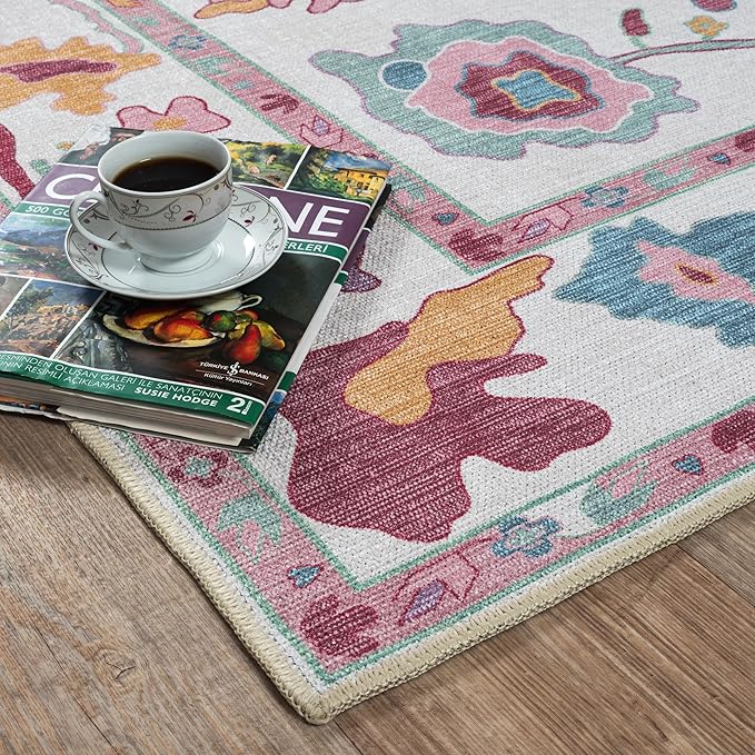 Fame Living Pink Oushak Rug, Modern, Vintage, Turkish, Eclectic, Floral, Pastel, Washable, Extra Large Area Rugs for Living Room, Dining, Bedroom, Lounge, 9'x12'