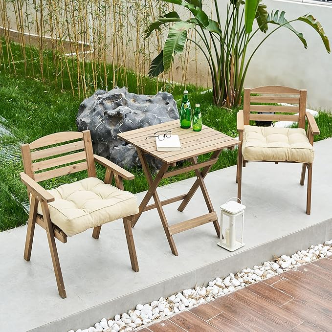 ARTPLAN Outdoor Seat Cushion,Square Thick Tufted Pure Chair Cushion for Patio Wicker Chair with Tie,Set of 2,19"x19"x5"，Beige