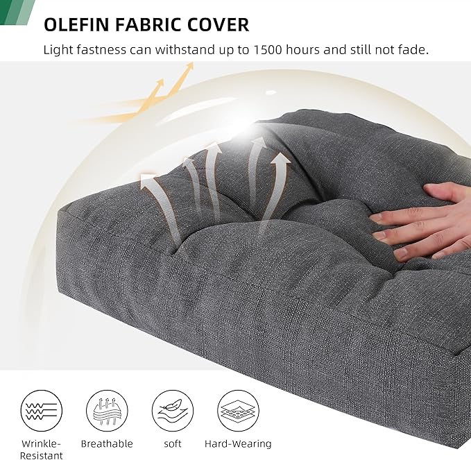 RACE LEAF 19" x 19" Patio Chair Cushions Gray - Outdoor/Indoor Tufted Memory Foam Chair Pads Set of 2, Water-Resistant Olefin Chair Seat Cushion Non-Slip Backing