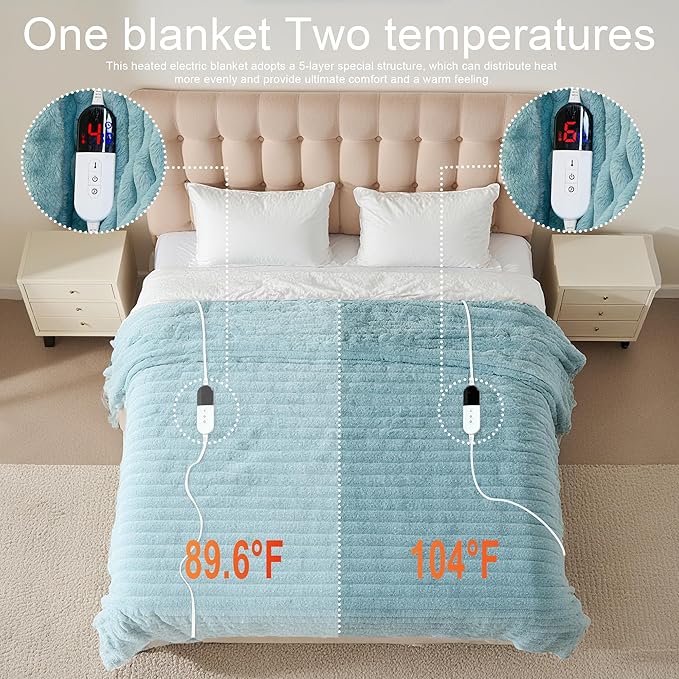 Heated Blanket 90"X100",Fast Heating Blanket with 6 Heat Levels 10 Hours Auto-Off Overheat Protection,Stripe Faux Rabbit Fur Soft Warm, ETL Certified (Green, 90"X100")