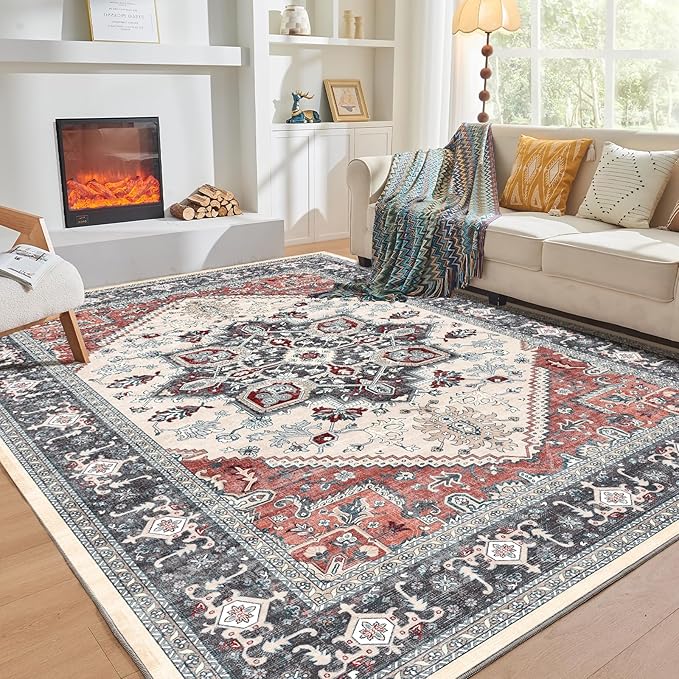 OPPODREAM Thin 8x10 Area Rugs, Washable Rugs 8x10 with Non Slip Backing, Faux Cashmere Low-Pile 8 x 10 Carpet, Black & Red