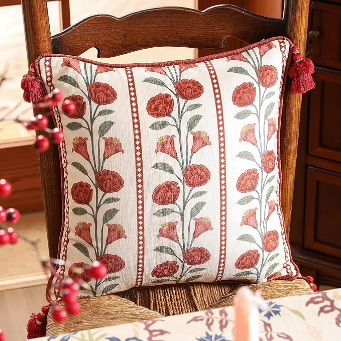 Vintage Square Throw Pillow Covers,Red Cozy Velvet with Leaves and Floral Pattern Pillowcases,Decoration Pillows Cushion Covers for Living Room Couch Sofa Bed Car Chair,18"x18"