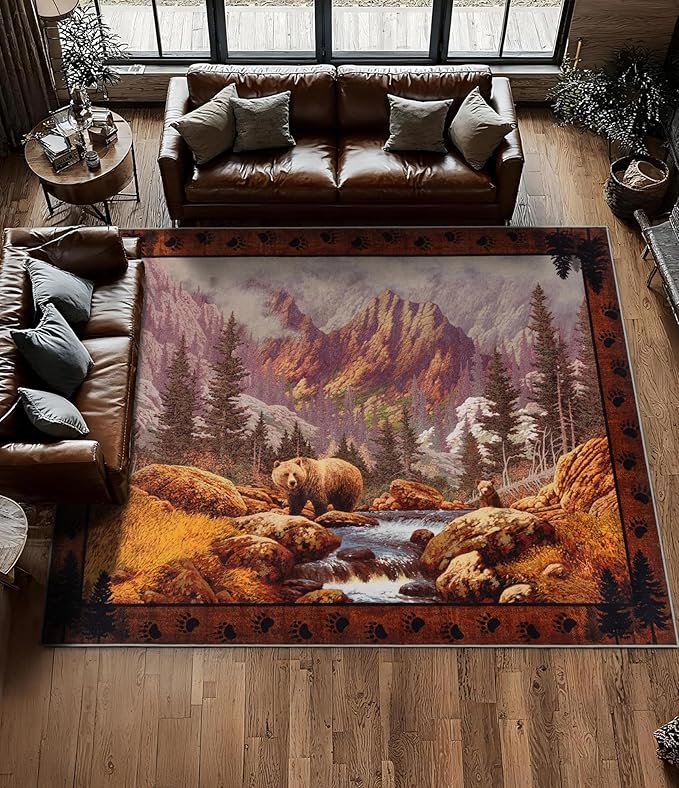 YIHOUSE Rustic Cabin Area Rug for Bedroom 6x9,Machine Washable Woodland Bear Rug,Non-Slip Low Pile Print Pattern Wildlife Rug for Living Room
