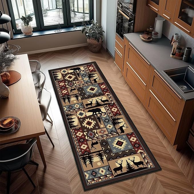 Cabin Wildlife Runner Rug 2x6,Buffalo Plaid Bear Moose Deer Country,Vintage Throw Carpet Washable Kitchen Runners Rustic Hallway Rugs Entrance Door Mat Non Slip Accent Area Rugs for Entryway,Laundry