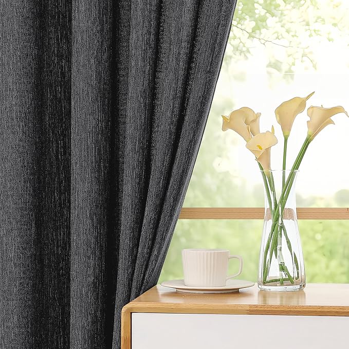 Simplebrand Black Faux Linen Textured Semi Sheer Curtains 96 Inches Long 2 Panels Set, Light Filtering Soft Thick Farmhouse Curtains Window Treatment for Bedroom/Living Room/Dining Room, 50 x 96 Inch