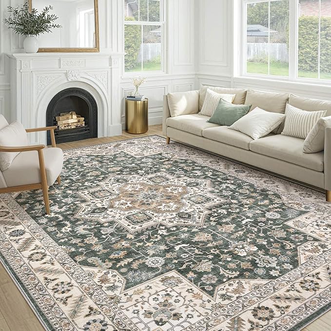 Vintage Living Room Area Rug 10x12 - Large Soft Washable Oriental Traditional Distressed Farmhouse Rugs for Bedroom - Indoor Floor Accent Carpet for Home Office House Decor - Vintage Green