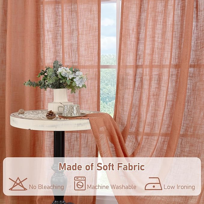 LAMIT Light Filtering Linen Curtains 54 inches Long for Bedroom, Linen Textured Semi Sheer Back Tab and Rod Pocket Terracotta Boho Drapes for Living Room, 2 Panels, 52 x 54 Inch