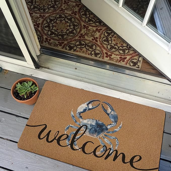 Blue Crab Welcome Door Mat, Beach Framhouse Doormat, Lake Sea Welcome Front Door Mat Indoor Outdoor Entrance, Funny Artificial Coir Doormats Rugs for Patio Entry Beach House Decor 30x17in