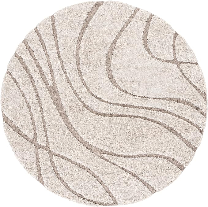 SAFAVIEH Florida Shag Collection 9' Round Cream/Beige SG471 Abstract Wave Non-Shedding Living Room Bedroom Dining Room Entryway Plush 1.2-inch Thick Area Rug