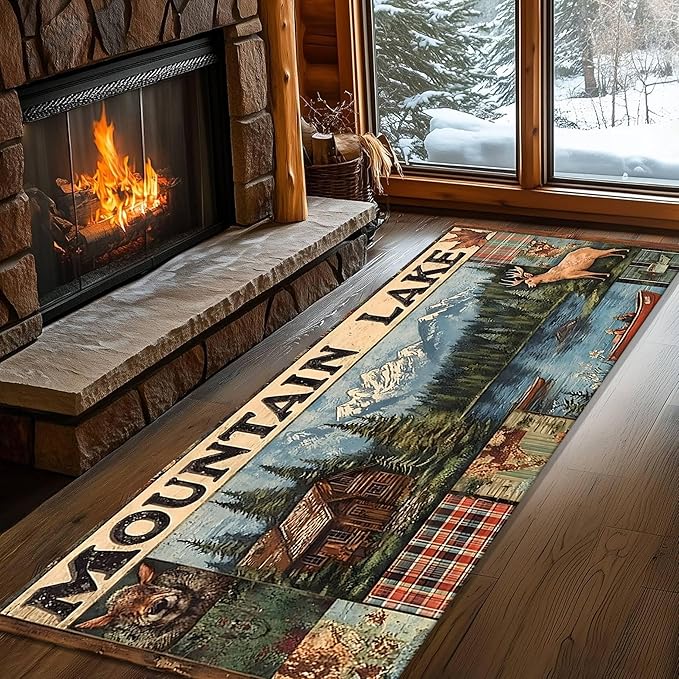 Multi-Color Elk Runner Rug 2x7ft with Floral Mountain Scene - Vintage Washable Floor Mat, Bohemian Rug for Kitchen Corridor, Canvas Art Style Decor