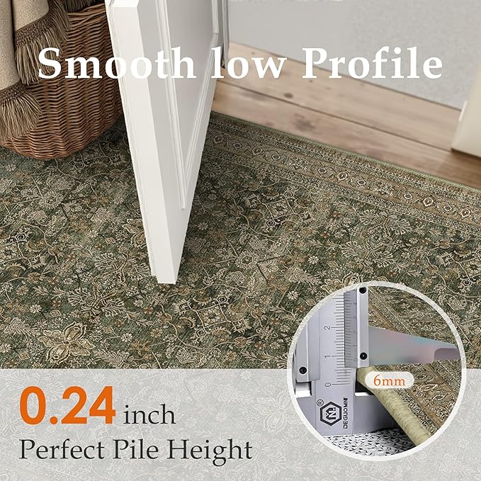 Hallway Runner Rug 2x8 Green Brown Vintage Washable Kitchen Carpet Traditonal Distressed Soft Non Slip Long Runner Retro Low Pile Thin Rug for Laundry Bedroom Entrance Bathroom