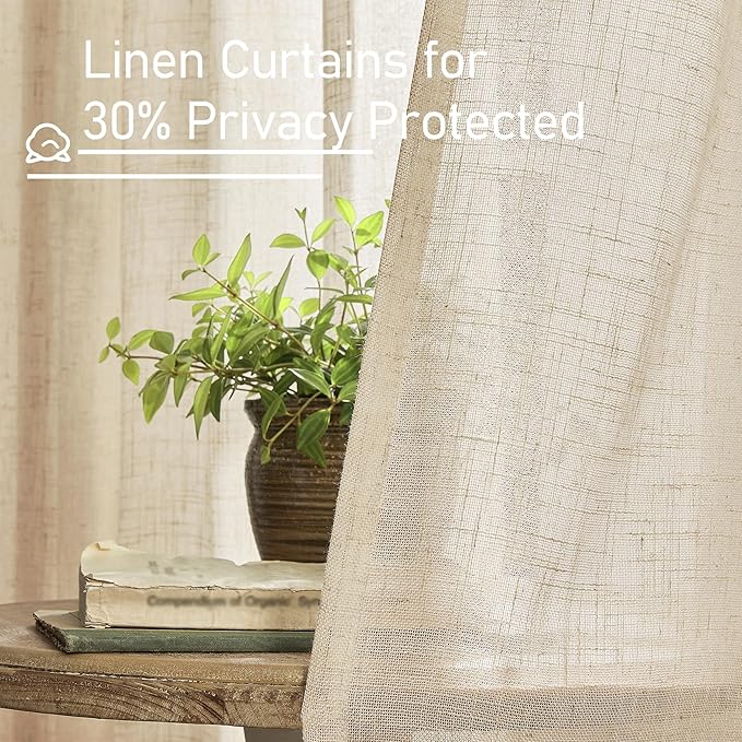 LAMIT Light Filtering Linen Curtains 84 inches Long for Bedroom, Linen Textured Semi Sheer Back Tab and Rod Pocket Natural Boho Drapes for Living Room/Farmhouse, 2 Panels, Linen, 42 x 84 Inch