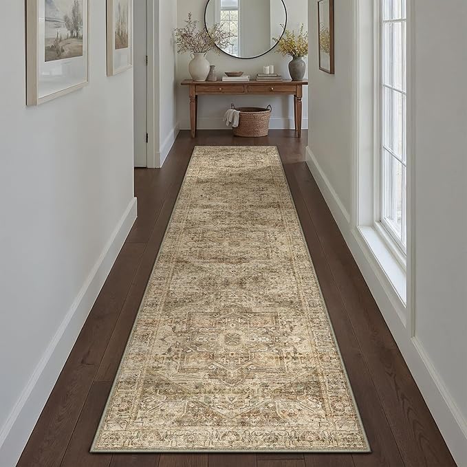 Brown Multi Hallway Runner Rug 3x10 Vintage Washable Distressed Area Carpet Kitchen Indoor Non Slip Long Traditional Medallion Retro Accent Throw Rug for Bedroom Laundry Dining Living Room