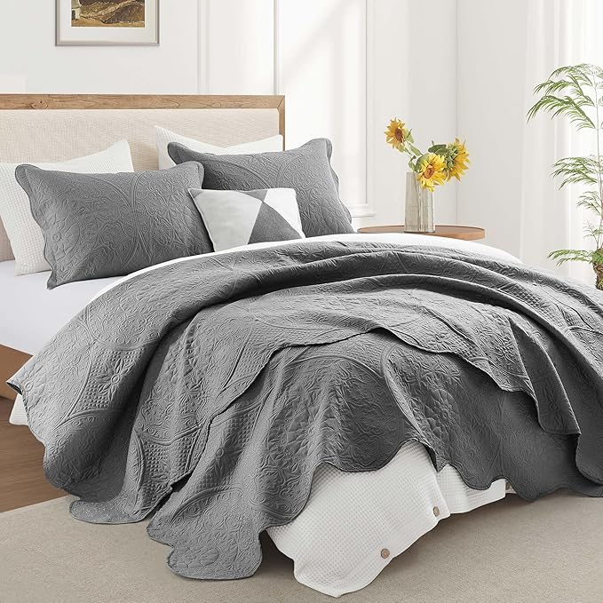 IR Imperial Rooms 8 Pack Quilt King Size Bedding (106" x 96") - Bulk Wholesale for Hotels, Guest Bedroom & Airbnbs - Lightweight Microfiber Reversible Floral Embossed Quilts Bedspreads (Grey)