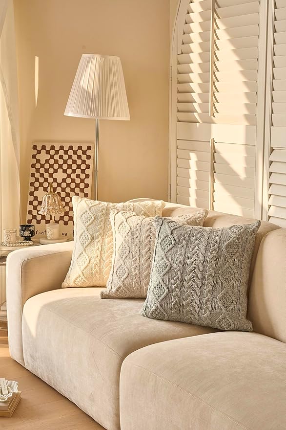 DOKOT Grey Knit Throw Pillow Cover Decorative Cable Braid and Diamond Knitting Square Warm Cushion Cover (Light Gray, (18x18 inches(45x45cm))