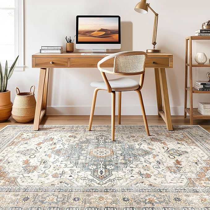 12x18 Rug Living Room: Washable Boho Large Neutral Vintage Soft Area Rug Stain Resistant Distressed Non-Slip Indoor Floor Carpet for Bedroom Nursery Playroom Office Dining Room- Beige Blue