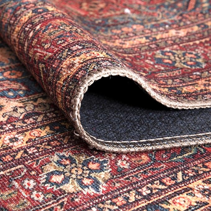 Bloom Rugs Washable Non-Slip 4' x 6' Rug - Red/Teal Blue/Yellow Traditional Medallion Area Rug for Living Room, Bedroom, Dining Room, and Kitchen - Exact Size: 4' x 6'