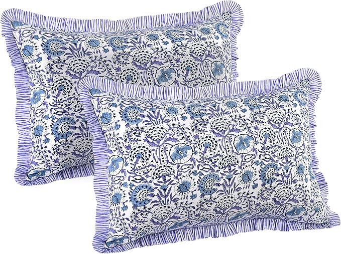 CPC Indigo Blue 100% Cotton Block Print Ruffle Sham Cover 20X30 inch Pack of 2, Handmade Boho Floral Pillowcase, Soft Decorative Queen Bed Pillow Cover for Bedroom Décor
