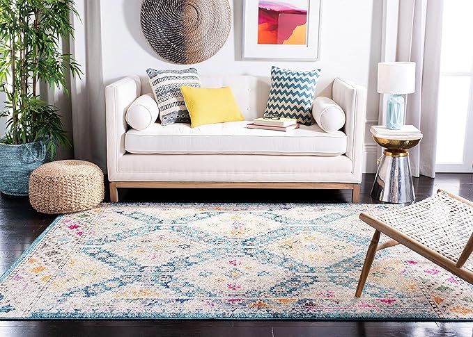SAFAVIEH Madison Collection Area Rug - 6'7" Square, Dark Blue & Yellow, Boho Diamond Distressed Design, Non-Shedding & Easy Care, Ideal for High Traffic Areas in Living Room, Bedroom (MAD418N)