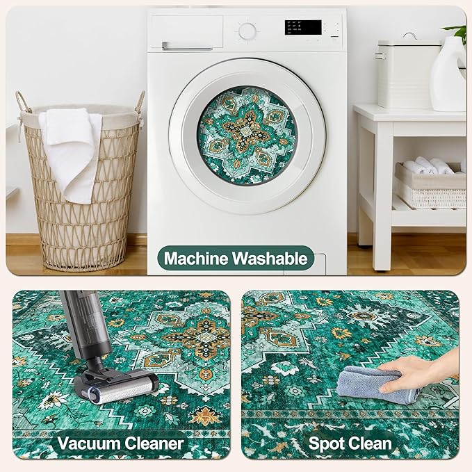 Tangsoo 2x10 Washable Runner Rug for Hallways, Non Slip Vintage, Soft Low Pile Long Rugs Runner, Print Distressed Emerald Carpet Runners for Kitchen Bedroom Entryway Bathroom Living Room
