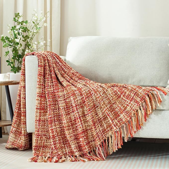 Multi-Color Dark Red Cable Knitted Throw Blanket for Couch,60"X80" Boho Style Textured Blankets for Home Decor,Super Soft Warm Cozy Chunky Knit Blanket with Decorative Tassels for Bed