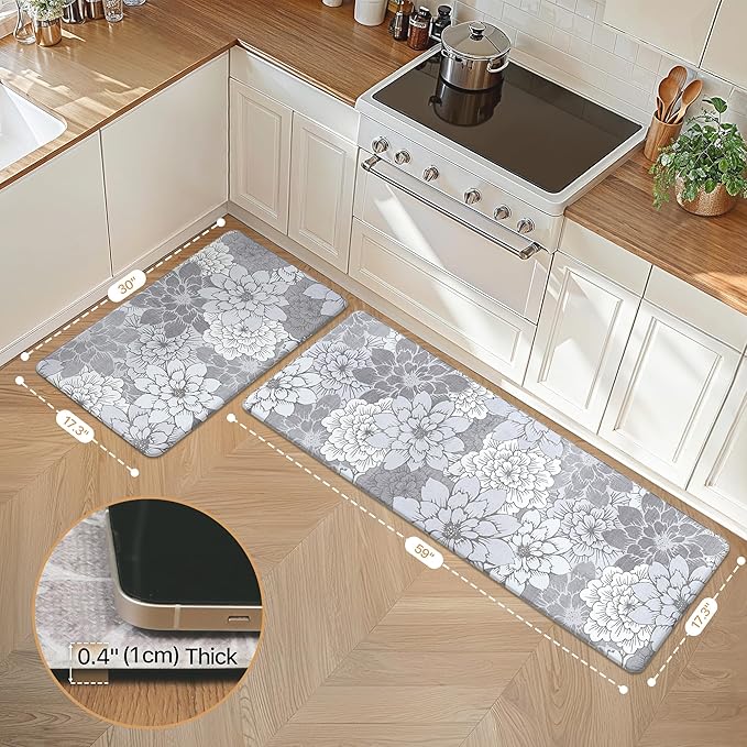 GENIMO Kitchen Mats for Floor, Kitchen Rugs Non Slip Washable Sets of 2, Waterproof Cushioned Anti Fatigue Mat, Floral Runner Rug for Laundry, Sink, Office, Home, 17.3"x59"+17.3"x30", Lavender Grey