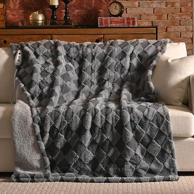 Bearhug Heated Throw Blanket 50" × 60", Electric Blanket Gray Teddy Faux Fur & Warm Sherpa, 4h Auto-Off Timer& 6 Heating Levels, Reversible Heated Throw, ETL Certified, Machine Washable, Gift Box