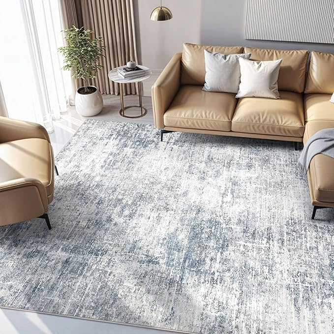 Abstract Living Room Rug 7x9 - Modern Washable Soft Thin Area Rug for Living Room Bedroom Under Dining Table - Neutral Indoor Floor Rug Carpets for Home Office Playroom Nursery - Blue Grey