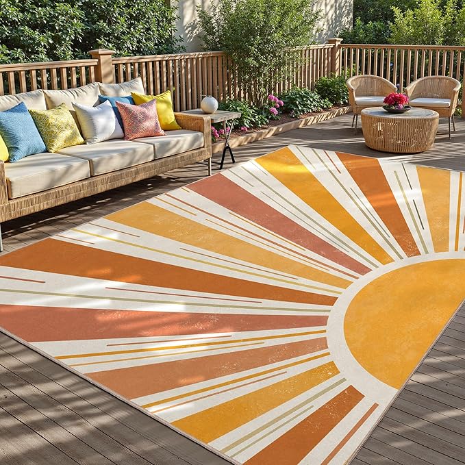 Outdoor Indoor Area Rug Boho Sun Washable Outdoor 8x10 Patio Rugs Medieval Aesthetic Vintage Abstract Art Non-Slip Carpet for Living Room, Patio, Porch, Pool Deck (8x10)