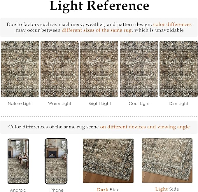 Vintage Area Rug 6x9 Brown Washable Living Room Large Carpet Non Slip Bedroom Indoor Office Low Pile Traditional Distressed Retro Accent Rug for Dining Room Kitchen